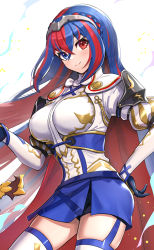 Rule 34 | 1girl, absurdres, alear (female) (fire emblem), alear (fire emblem), blue eyes, blue hair, blue skirt, blush, breasts, cowboy shot, fire emblem, fire emblem engage, garter straps, gonzarez, grey hairband, hair between eyes, hairband, heterochromia, highres, juliet sleeves, large breasts, long hair, long sleeves, looking at viewer, miniskirt, multicolored clothes, multicolored hair, nintendo, puffy sleeves, red eyes, red hair, shirt, skirt, smile, solo, standing, thigh strap, thighhighs, thighs, very long hair, white shirt, white thighhighs