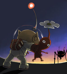 Rule 34 | 1boy, backpack, bag, black eyes, blue sky, bug, colored skin, commentary request, creature, fighting stance, flower, from behind, full body, gloves, helmet, holding, holding creature, man-at-legs, naru (wish field), nintendo, no mouth, olimar, patch, pikmin (creature), pikmin (series), pointy ears, pointy nose, radio antenna, red bag, red gloves, red light, red pikmin, red skin, sky, smoke, space helmet, spacesuit, spider, sunlight, sunset, white flower