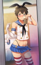 Rule 34 | 1boy, bedroom, black panties, blue eyes, blush, bow, bracelet, brown hair, cellphone, contrapposto, cosplay, crossdressing, crossover, elbow gloves, embarrassed, gloves, hair bow, highleg, highleg panties, indoors, jewelry, kantai collection, kimi no na wa., kurayami butter, male focus, miniskirt, mirror, navel, panties, phone, sailor collar, selfie, shimakaze (kancolle), shimakaze (kancolle) (cosplay), single elbow glove, single glove, skirt, sleeveless, smartphone, solo, standing, striped clothes, striped thighhighs, tachibana taki, thighhighs, trap, underwear, unworn gloves, white gloves