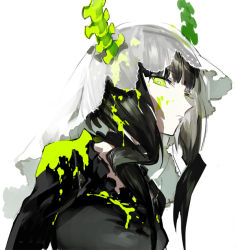 Rule 34 | 1girl, black hair, black rock shooter, blood, blood on clothes, blood on face, blood splatter, colored blood, dead master, demon, demon girl, demon horns, expressionless, from side, green blood, green eyes, green horns, horns, looking at viewer, short hair, sidelocks, solo, starshadowmagician, veil