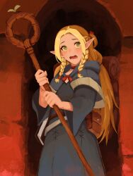 Rule 34 | 1girl, absurdres, blonde hair, blue capelet, blue robe, blush, braid, capelet, dungeon meshi, elf, green eyes, highres, looking at viewer, marcille donato, multiple braids, pointy ears, robe, standing, yan kodiac