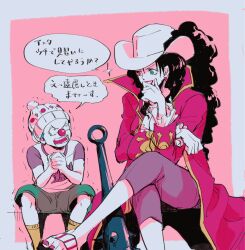 Rule 34 | 1boy, 1girl, abunaideka, aged down, alvida (one piece), bicorne, black hair, blue hair, buggy the clown, clown nose, cowboy hat, crossed legs, earrings, green eyes, hat, highres, jewelry, long hair, looking at another, nail polish, one piece, open mouth, red nose, short hair, sitting, smile, speech bubble, teeth, time paradox, weapon, white headwear