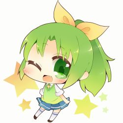 Rule 34 | 10s, 1girl, bad id, bad pixiv id, blush, chibi, fang, green eyes, green hair, green necktie, green sweater vest, matching hair/eyes, midorikawa nao, necktie, noramimi, one eye closed, open mouth, ponytail, precure, school uniform, simple background, skirt, sleeves rolled up, smile precure!, solo, star (symbol), sweater vest, wink