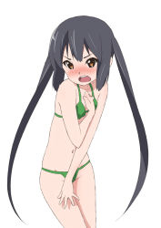 Rule 34 | 1girl, bikini, black hair, blush, brown eyes, covering privates, embarrassed, errant, hand on own chest, k-on!, long hair, nakano azusa, navel, open mouth, round teeth, simple background, solo, swimsuit, teeth, twintails, very long hair