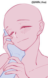 Rule 34 | 1girl, 1other, ^ ^, bald, bald girl, bare shoulders, blue skin, blush, closed eyes, closed mouth, collarbone, colored skin, dahan, hand on another&#039;s face, head tilt, highres, holding another&#039;s wrist, korean commentary, nail polish, original, pink nails, pink skin, portrait, simple background, smile, solo focus, template, twitter username, white background
