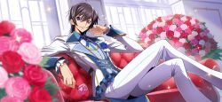 Rule 34 | 1boy, artist request, black hair, blue flower, blue ribbon, blue rose, blue vest, blurry, blurry background, bouquet, buttons, closed mouth, code geass, code geass: lost stories, collared shirt, couch, crossed legs, flower, formal, game cg, hair between eyes, hand up, happy, highres, holding, holding flower, indoors, jacket, leaning back, legs, lelouch vi britannia, long legs, long sleeves, looking at viewer, male focus, neck ribbon, non-web source, official art, on couch, pants, pink flower, pink rose, pinstripe pattern, pinstripe vest, purple eyes, red flower, red rose, ribbon, rose, shirt, short hair, sidelocks, sitting, smile, solo, sparkle, tailcoat, vest, white jacket, white pants, white shirt, window