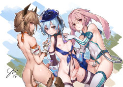 Rule 34 | 3boys, animal ears, ansel (arknights), arknights, armband, ass, bison (arknights), blue hair, blue headwear, brown hair, closed mouth, covered navel, cow boy, cow ears, cow horns, cow tail, crossed bangs, earrings, elbow gloves, erection, fingerless gloves, gloves, hair between eyes, hat, highres, horns, jewelry, looking at viewer, male focus, mizuki (arknights), multiple boys, multiple penises, navel, nipples, penis, pink hair, precum, rabbit ears, smile, stmast, tail, testicles, thighhighs, trap, uncensored, white gloves