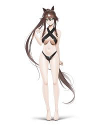 Rule 34 | 1girl, absurdres, animal ears, arknights, bare arms, bare legs, bare shoulders, barefoot, bikini, black bikini, black nails, breasts, brown hair, commentary request, criss-cross halter, full body, green eyes, groin, hair between eyes, halterneck, hand up, highres, horse ears, large breasts, long hair, looking at viewer, meteor (arknights), nail polish, navel, norunollu, simple background, smile, solo, standing, stomach, swimsuit, thighs, toenail polish, toenails, very long hair, white background