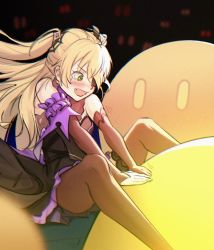 Rule 34 | 1girl, blonde hair, blush, dress, fischl (genshin impact), frilled dress, frills, genshin impact, green eyes, highres, open mouth, pantyhose, pushing away, single thighhigh, slime, spread legs, tears, thighhighs, wavy mouth, xue xue