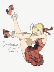 Rule 34 | 1girl, absurdres, ahoge, blonde hair, closed mouth, copyright name, cross-laced footwear, crossed legs, dated, dress, fate/extella, fate/extra, fate (series), frilled dress, frilled socks, frills, from side, full body, green eyes, grey background, hair bun, hair intakes, hand on own leg, high heels, highres, looking at viewer, nail polish, nero claudius (fate), nero claudius (fate) (all), nero claudius (fate/extra), red dress, red footwear, red nails, red ribbon, ribbon, signature, simple background, single hair bun, socks, solo, white socks, zhibuji loom