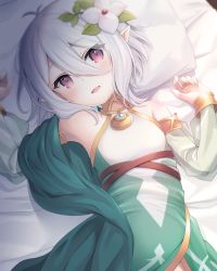 Rule 34 | 1girl, :d, antenna hair, bed sheet, blush, breasts, commentary request, detached sleeves, dress, flower, green dress, hair between eyes, hair flower, hair ornament, head tilt, kanora, kokkoro (princess connect!), long sleeves, looking at viewer, lying, on back, open mouth, pillow, pointy ears, princess connect!, puffy long sleeves, puffy sleeves, red eyes, see-through, see-through sleeves, silver hair, sleeveless, sleeveless dress, small breasts, smile, solo, upper body, white flower