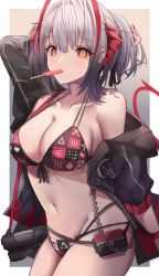 Rule 34 | + +, 1girl, antenna hair, arknights, arm up, bare shoulders, bikini, black jacket, blunt bangs, border, breasts, chain, cleavage, clothes pull, collarbone, cowboy shot, demon girl, demon horns, demon tail, food, gradient background, grey background, gun, highres, horns, jacket, large breasts, long sleeves, looking at viewer, mouth hold, multicolored hair, navel, off shoulder, open clothes, open jacket, outside border, popsicle, print bikini, red bikini, red hair, short hair, short ponytail, silver hair, solo, stomach, stratoz, swimsuit, tail, two-tone hair, unzipped, w (arknights), weapon, white border, zipper