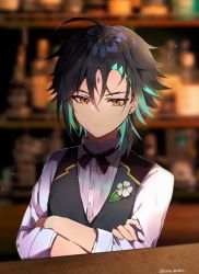 Rule 34 | 1boy, ahoge, alternate costume, azna, bar (place), black hair, black vest, blurry, blurry foreground, bottle, closed mouth, crossed arms, facial mark, flower, forehead mark, genshin impact, green hair, hair between eyes, looking at viewer, male focus, multicolored hair, shirt, solo, twitter username, vest, white flower, white shirt, xiao (genshin impact), yellow eyes