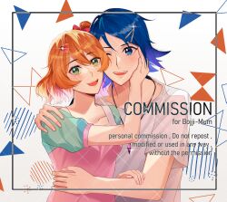 Rule 34 | absurdres, blonde hair, blue eyes, blue hair, blush, collarbone, colored tips, commentary, commission, couple, english commentary, english text, freyja wion, graxiakaz, green eyes, hair ornament, hairclip, hand on another&#039;s cheek, hand on another&#039;s face, hand on another&#039;s shoulder, hayate immelmann, heart, heart hair ornament, hetero, highres, hug, jewelry, looking at viewer, macross, macross delta, multicolored hair, necklace, one eye closed, orange hair, pink shirt, shirt, short hair, smile, upper body, white shirt