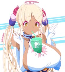 Rule 34 | 1girl, artist name, blonde hair, breasts, bright pupils, bubble tea challenge, choker, colored eyelashes, cup, dark-skinned female, dark skin, disposable cup, double v, drinking straw, drinking straw in mouth, elbow gloves, erikuukun, frilled choker, frills, gloves, hair ornament, halterneck, heart, highres, hololive, hololive english, huge breasts, limiter (tsukumo sana), planet hair ornament, sideboob, sleeveless, solo, tsukumo sana, twintails, v, virtual youtuber, white gloves, yellow eyes
