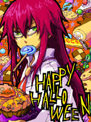 Rule 34 | 00s, 1boy, cake, candy, checkerboard cookie, chocolate, cookie, food, gingerbread man, glasses, green eyes, halloween, happy halloween, lollipop, male focus, mouth hold, orange background, red hair, richter abend, solo, sweets, swirl lollipop, swiss roll, tales of (series), tales of symphonia, tales of symphonia: dawn of the new world