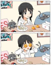 Rule 34 | 1girl, aiu404l, bird, black eyes, black hair, blue eyes, cat, chick, comic, dog, eating, egg, egg (aiu404l), fang, food, fruit, hatsune miku, highres, hood, hooded sweater, hoodie, kotatsu, mandarin orange, nintendo switch, open mouth, original, plate, poster (object), red eyes, silent comic, smile, sweater, table, tail, tail wagging, tissue box, tongue, tongue out, twintails, vocaloid, white hoodie, white sweater, yes-no pillow