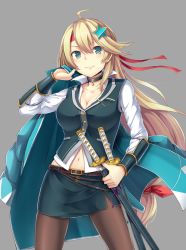 Rule 34 | 1girl, ahoge, bad id, bad pixiv id, belt, blonde hair, blue eyes, breasts, brown pantyhose, cleavage, dabadhi, goryoukaku (oshiro project), hair ornament, highres, holding, holding weapon, jacket, long hair, looking at viewer, low-tied long hair, medium breasts, oshiro project:re, oshiro project:re, pantyhose, pencil skirt, sheath, sheathed, skirt, smile, solo, star (symbol), star hair ornament, sword, very long hair, weapon