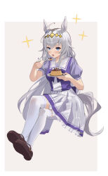 Rule 34 | 1girl, absurdres, ahoge, animal ears, blue eyes, blush, bow, bowtie, breasts, brown footwear, crossed legs, food, full body, grey hair, hair ornament, highres, holding, holding plate, holding spoon, horse ears, horse girl, horse tail, invisible chair, long hair, looking at viewer, oguri cap (umamusume), open mouth, plate, pudding, purple shirt, sailor collar, shirt, shoes, simple background, sitting, skirt, small breasts, solo, sparkle, spoon, tail, thighhighs, umamusume, white background, white skirt, white thighhighs, wuzhu nis