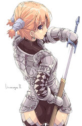 Rule 34 | 1girl, armor, ass, black panties, blue eyes, copyright name, earrings, from behind, gauntlets, holding, holding sheath, holding sword, holding weapon, human (lineage 2), jewelry, kyo (kuroichigo), left-handed, lineage, lineage 2, looking back, orange hair, panties, plaid, profile, scabbard, sheath, short hair, short twintails, simple background, skin tight, solo, sword, thighhighs, twintails, underwear, unsheathing, weapon, white background