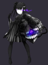 Rule 34 | 10s, 1girl, abyssal ship, ancient destroyer oni, black footwear, black gloves, black hair, black thighhighs, boots, colored skin, comah, drill hair, expressionless, full body, gloves, glowing, glowing eyes, hakama, hakama short skirt, hakama skirt, high heel boots, high heels, highres, holding, holding own hair, japanese clothes, kantai collection, looking at viewer, machinery, meiji schoolgirl uniform, pale skin, pleated skirt, purple background, side ponytail, simple background, skirt, solo, thigh boots, thighhighs, white skin