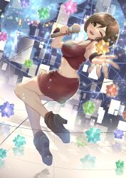 Rule 34 | 1girl, absurdres, ankle boots, boots, brown eyes, brown hair, commentary, crop top, digital dissolve, floating, foreshortening, full body, happy, hatsune miku expo, high heels, highres, holding, holding microphone, light particles, looking at viewer, meiko (vocaloid), meiko (vocaloid3), microphone, midair, midriff, nail polish, one eye closed, open mouth, reaching, reaching towards viewer, red nails, red skirt, shigemu room, short hair, skirt, sleeveless, smile, solo, star (symbol), vocaloid, wire