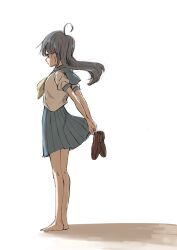 Rule 34 | 1girl, arms behind back, barefoot, black hair, fusazakura, highres, original, school uniform, serafuku, shoes, unworn shoes, solo, standing