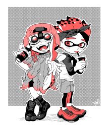 Rule 34 | 1boy, 1girl, arm rest, bike shorts, boots, coral, crossed legs, cup, disposable cup, fangs, full body, hakinikui kutsu no mise, halftone, helmet, inkling, inkling boy, inkling girl, inkling player character, kelp, leggings, limited palette, long hair, night-vision device, nintendo, open mouth, pantyhose, pantyhose under shorts, shoes, shorts, smile, sneakers, spiked hair, splatoon (series), splatoon 2, tentacle hair, tongue, tongue out