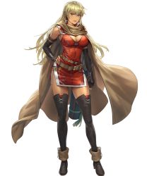 Rule 34 | 1girl, belt, black footwear, black gloves, blonde hair, boots, breasts, cape, cleavage, cuboon, dark-skinned female, dark skin, dress, elbow gloves, female focus, fingerless gloves, fire emblem, fire emblem: the binding blade, fire emblem heroes, full body, gloves, highres, igrene (fire emblem), large breasts, lips, lipstick, long hair, makeup, matching hair/eyes, mole, mole under eye, nintendo, official art, quiver, red dress, red lips, shiny skin, short dress, sleeveless, sleeveless dress, smile, solo, thigh boots, thighhighs, transparent background, yellow eyes, zettai ryouiki