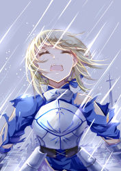 Rule 34 | 1girl, absurdres, amicis (amisic), armor, artoria pendragon (fate), blonde hair, crying, closed eyes, fate/stay night, fate (series), head back, highres, open mouth, rain, saber (fate), solo, teeth, torn clothes