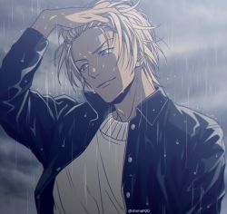 Rule 34 | 1boy, amuro tooru, arm up, black jacket, blonde hair, blue eyes, closed mouth, cloud, cloudy sky, commentary request, dark skin, dark-skinned male, dripping, hand in own hair, jacket, looking to the side, male focus, mashima shima, meitantei conan, open clothes, open jacket, outdoors, rain, sky, smile, solo, sweater, twitter username, upper body, water drop, wet, wet clothes, wet hair, wet jacket, white sweater