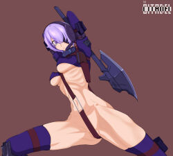 1girl arms_up ass axe crop_top crotch_strap eyepatch gloves headgear high_heels highres long_sleeves martyr_(the_citadel) navel pouches puffy_sleeves purple_eyes purple_hair pussy pussy_peek ribs short_hair the_citadel thighhighs thighs