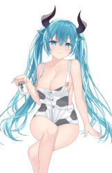 Rule 34 | 1girl, absurdres, animal ears, animal print, bare shoulders, blue eyes, blue hair, blush, bottle, breasts, cleavage, collarbone, commentary request, cow ears, cow girl, cow horns, cow print, hatsune miku, highres, horns, jyt, large breasts, long hair, looking at viewer, naked overalls, overalls, sideboob, simple background, sitting, smile, solo, twintails, very long hair, vocaloid, white background