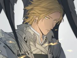 Rule 34 | 1boy, armor, azkn, black wings, blonde hair, closed mouth, dion lesage, earrings, expressionless, final fantasy, final fantasy xvi, jewelry, looking to the side, male focus, medium hair, parted bangs, plate armor, shirt, shoulder armor, solo, swept bangs, upper body, white shirt, wings, yellow eyes