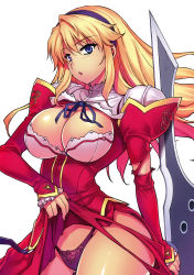 Rule 34 | 1girl, absurdres, blonde hair, blue eyes, blush, breasts, cleavage, cleavage cutout, clothes lift, clothing cutout, detached sleeves, female focus, freezing (series), hairband, highres, kim kwang hyun, large breasts, long hair, long sleeves, looking at viewer, no bra, official art, open mouth, panties, parted lips, satellizer el bridget, school uniform, shirt, skirt, skirt lift, sleeves past wrists, solo, sword, torn clothes, underwear, weapon
