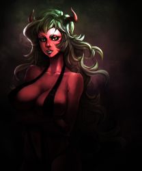 Rule 34 | 10s, 1girl, breasts, colored skin, demon girl, drawfag, green eyes, green hair, highres, horns, large breasts, lipstick, long hair, looking at viewer, makeup, matching hair/eyes, multicolored eyes, navel, non-web source, panty &amp; stocking with garterbelt, red skin, scanty (psg), solo, yellow eyes