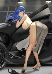 Rule 34 | 1girl, ass, azur lane, backless dress, backless outfit, bare arms, bare legs, bare shoulders, bent over, blue hair, bottle, breasts, car, ceiling light, dress, earrings, grey dress, grey footwear, hair ornament, hairclip, high heels, highres, huge breasts, jewelry, long hair, long legs, looking at viewer, looking back, mclaren, motor vehicle, ocarino, parted lips, purple eyes, side ponytail, side slit, sidelocks, sleeveless, sleeveless dress, solo, st. louis (azur lane), st. louis (luxurious wheels) (azur lane), standing, stud earrings, thighs, wavy hair