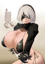 Rule 34 | 1girl, 2b (nier:automata), absurdres, alternate breast size, bikini, black bikini, black blindfold, black gloves, black hairband, blindfold, breasts, cleavage, covered eyes, feather-trimmed sleeves, gloves, hairband, highleg, highleg bikini, highres, huge breasts, juliet sleeves, kasumi saika, long sleeves, looking at viewer, mole, mole under mouth, nier:automata, nier (series), parted lips, pod (nier:automata), puffy sleeves, revision, short hair, shrug (clothing), sweat, swimsuit, white hair