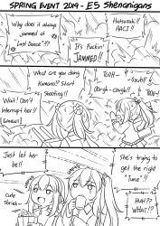 Rule 34 | 3koma, 4girls, :d, anger vein, blush, bucket, collared shirt, comic, commentary, cup, double bun, dress, english text, flying sweatdrops, food, girls&#039; frontline, greyscale, guin guin, hair bun, hair ornament, holding, holding cup, jacket, kantai collection, kumano (kancolle), long hair, machinery, michishio (kancolle), monochrome, mug, multiple girls, one side up, open mouth, pinafore dress, pleated skirt, ponytail, popcorn, remodel (kantai collection), scar, scar across eye, scar on face, shirt, skirt, sleeveless dress, smile, spoken anger vein, sweat, tongue, tongue out, twintails, ump40 (girls&#039; frontline), ump45 (girls&#039; frontline)