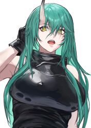 Rule 34 | ababababa abya, arknights, armpits, gloves, green hair, highres, horns, hoshiguma (arknights), long hair, open mouth, simple background, upper body, yellow eyes