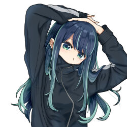 1girl :/ arms_behind_head black_jacket blue_eyes blue_hair commentary_request highres jacket kabo_(user_vsaf8575) kurokawa_akane long_hair looking_at_viewer oshi_no_ko solo track_jacket track_suit white_background