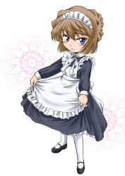 Rule 34 | 1girl, aged down, alternate costume, apron, black footwear, blue dress, blue eyes, blush, brown hair, dress, enmaided, full body, haibara ai, highres, long sleeves, looking at viewer, maid, maid apron, maid headdress, mary janes, meitantei conan, pantyhose, parted lips, ribbon, shoes, short hair, skirt hold, solo, standing, wan&#039;yan aguda, white background, white pantyhose, white ribbon