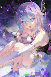 Rule 34 | 1girl, :d, absurdres, armlet, black corset, blue eyes, breasts, chest jewel, corset, crown, crystal, dark background, darr1o, detached wings, dress, elbow gloves, gem, gloves, hair flaps, highres, hololive, hololive english, knee up, koseki bijou, long hair, looking at viewer, material growth, open mouth, purple eyes, purple gemstone, purple hair, sidelocks, single elbow glove, single glove, sitting, small breasts, smile, solo, teeth, two-tone eyes, upper teeth only, very long hair, virtual youtuber, white dress, wings