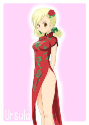 Rule 34 | 1990s (style), 1girl, blonde hair, blush, breasts, brown eyes, china dress, chinese clothes, dress, female focus, final fantasy, final fantasy iv, final fantasy iv: the after years, gradient background, retro artstyle, shitan, solo, thighs, ursula leiden