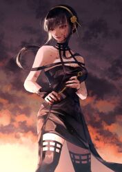 Rule 34 | 1girl, absurdres, black dress, black hair, black thighhighs, blood, blood on hands, breasts, cleavage, dagger, dress, earrings, fingerless gloves, gloves, hair behind ear, highres, holding, holding knife, jewelry, knife, looking down, medium breasts, parted lips, red eyes, red nails, skindentation, solo, spy x family, stiletto (weapon), thighhighs, weapon, yor briar, yuri (832yuri)