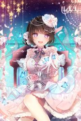 Rule 34 | 1girl, :d, bang dream!, black hair, blush, bug, butterfly, dress, female focus, flower, hair bun, hair flower, hair ornament, head chain, highres, indoors, insect, instrument, jewelry, open mouth, outstretched hand, piano, purple eyes, ribbon, shirokane rinko, single hair bun, sitting, smile, solo, sparkle, taya oco