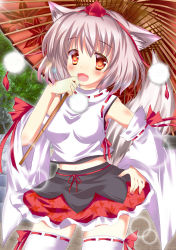 Rule 34 | 1girl, animal ears, bad id, bad pixiv id, blush, brown eyes, detached sleeves, female focus, hat, highres, inubashiri momiji, long sleeves, looking at viewer, midriff, navel, oil-paper umbrella, open mouth, revision, rika-tan (rikatantan), shirt, short hair, silver hair, skirt, smile, solo, tail, thighhighs, tokin hat, touhou, tree, umbrella, white thighhighs, wide sleeves, wolf ears, wolf tail, zettai ryouiki