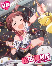 Rule 34 | 10s, ^ ^, character name, closed eyes, drum, drum set, drumsticks, closed eyes, idolmaster, idolmaster million live!, instrument, long hair, matsuda arisa, official art, open mouth, ribbon, smile, solo, twintails