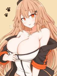 Rule 34 | 1girl, absurdres, bare shoulders, blonde hair, blush, breasts, character name, cleavage, collarbone, cross, cross necklace, girls&#039; frontline, hat, highres, jacket, jewelry, large breasts, long hair, looking at viewer, m37 (girls&#039; frontline), necklace, orange eyes, paw print, risshu, shirt, solo, tongue, tongue out, white shirt, yellow background
