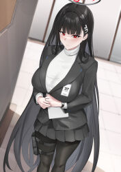 Rule 34 | 1girl, black hair, black pantyhose, blazer, blazingchaos, blue archive, blush, breasts, hair ornament, hairclip, halo, highres, holster, jacket, large breasts, long hair, looking at viewer, pantyhose, pleated skirt, red eyes, rio (blue archive), skirt, smile, solo, sweater, thigh holster, turtleneck, turtleneck sweater, very long hair, watch, wristwatch
